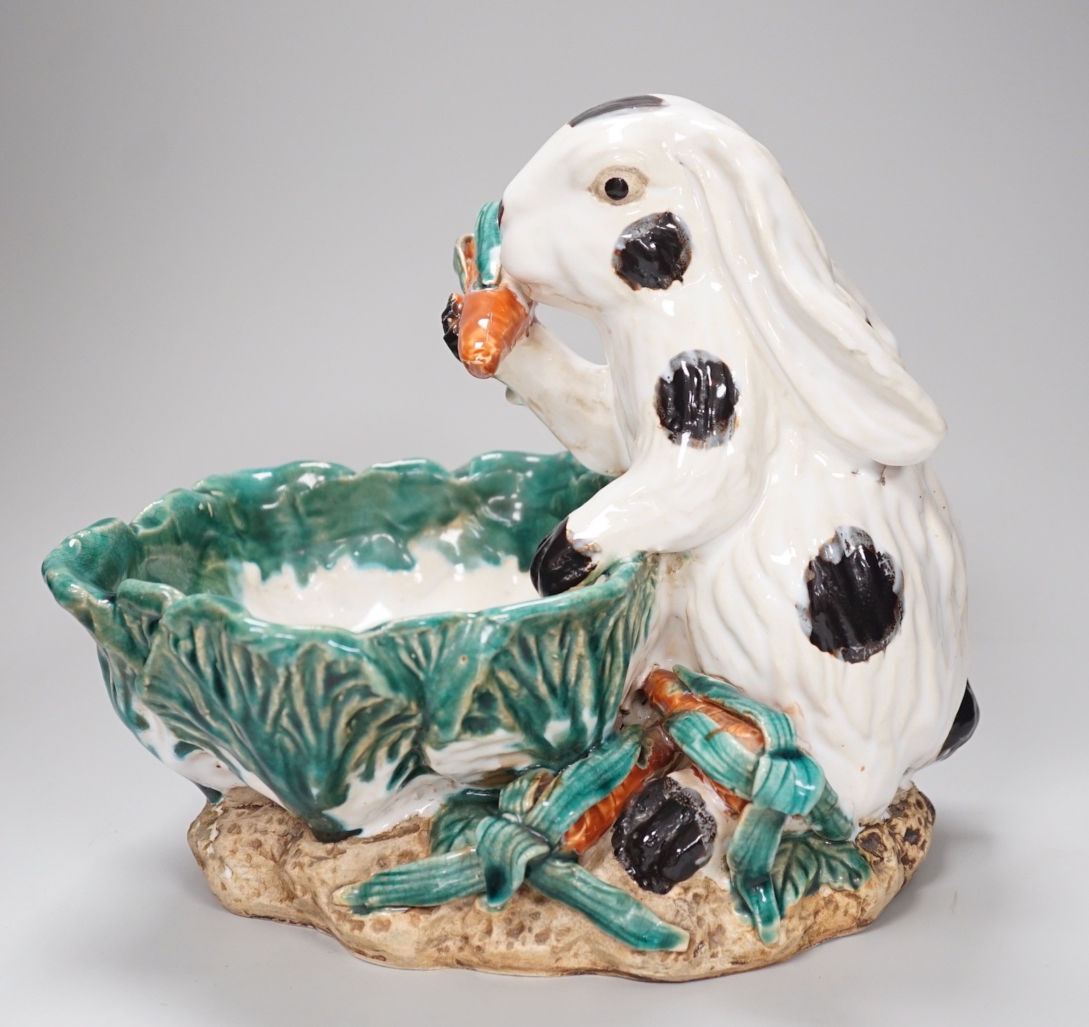 An unusual late 19th century Continental majolica 'rabbit' dish. 26cm high
